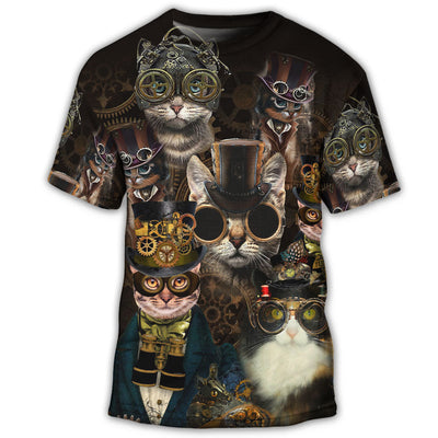 S Cat Steampunk Art Machines Lover - Round Neck T-shirt - Owls Matrix LTD
