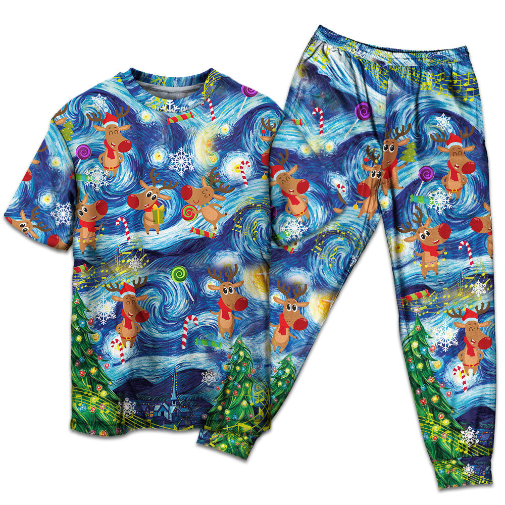 T-shirt + Pants / S Christmas Dancing Reindeers Happy - Pajamas Short Sleeve - Owls Matrix LTD