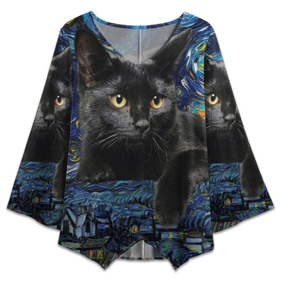 S Black Cat Starry Night Art Style - V-neck T-shirt - Owls Matrix LTD