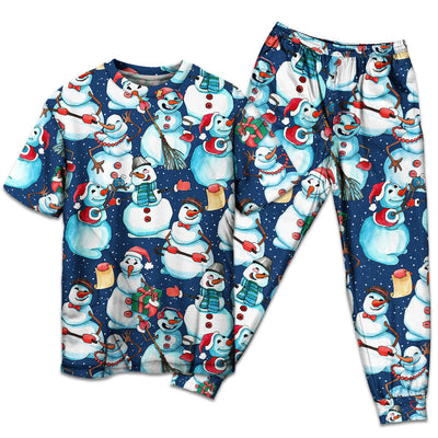 T-shirt + Pants / S Christmas Happy Snowman Xmas - Pajamas Short Sleeve - Owls Matrix LTD