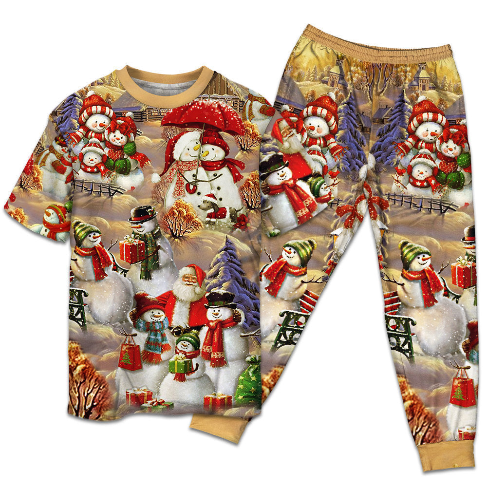 T-shirt + Pants / S Christmas Snowman Couple Love Xmas - Pajamas Short Sleeve - Owls Matrix LTD