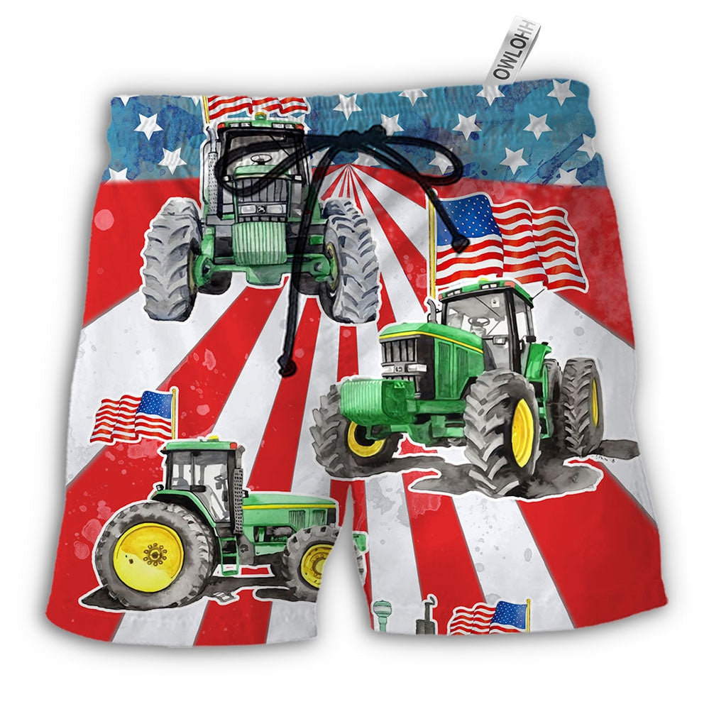 Beach Short / Adults / S Tractor Independence Day Watercolor Tractor US Flag - Beach Short - Owls Matrix LTD