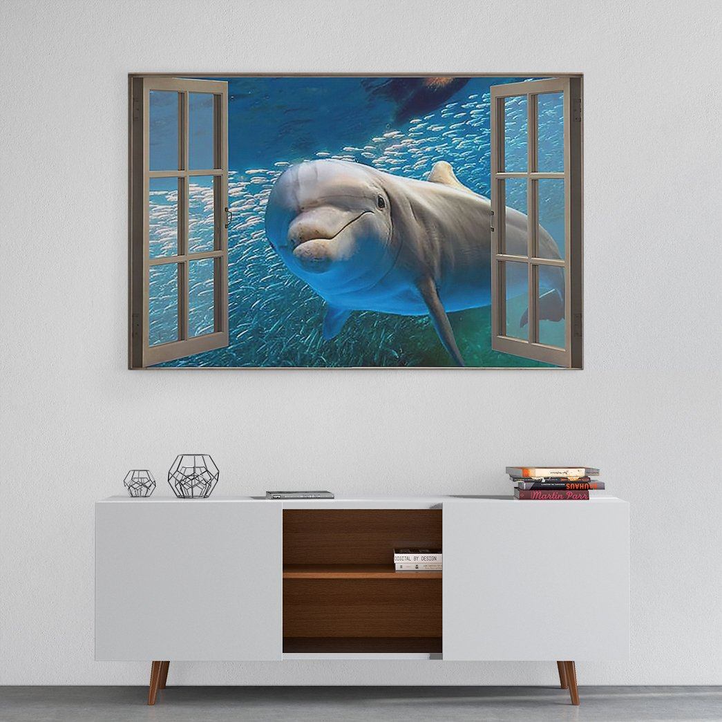 Dolphin Hello Window Style Blue Sea - Horizontal Poster - Owls Matrix LTD