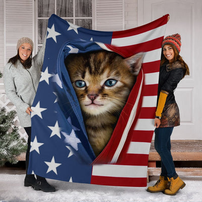 Cat Kitten Opened American Flag Independence Day Cat - Flannel Blanket - Owls Matrix LTD