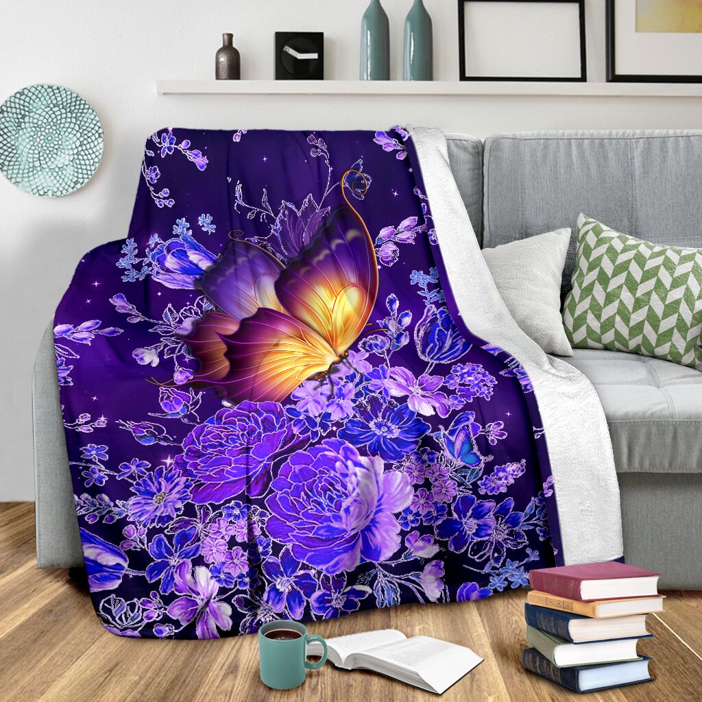 Butterfly With Purple Flowers So Lovely - Flannel Blanket - Owls Matrix LTD
