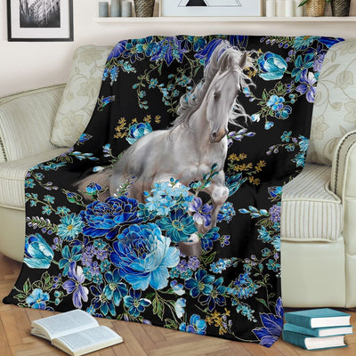 Horse Blue Floral So Cool So Lovely - Flannel Blanket - Owls Matrix LTD