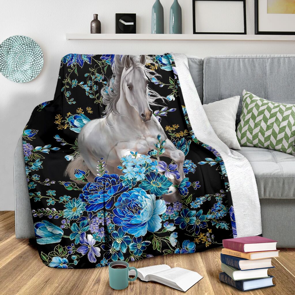 Horse Blue Floral So Cool So Lovely - Flannel Blanket - Owls Matrix LTD