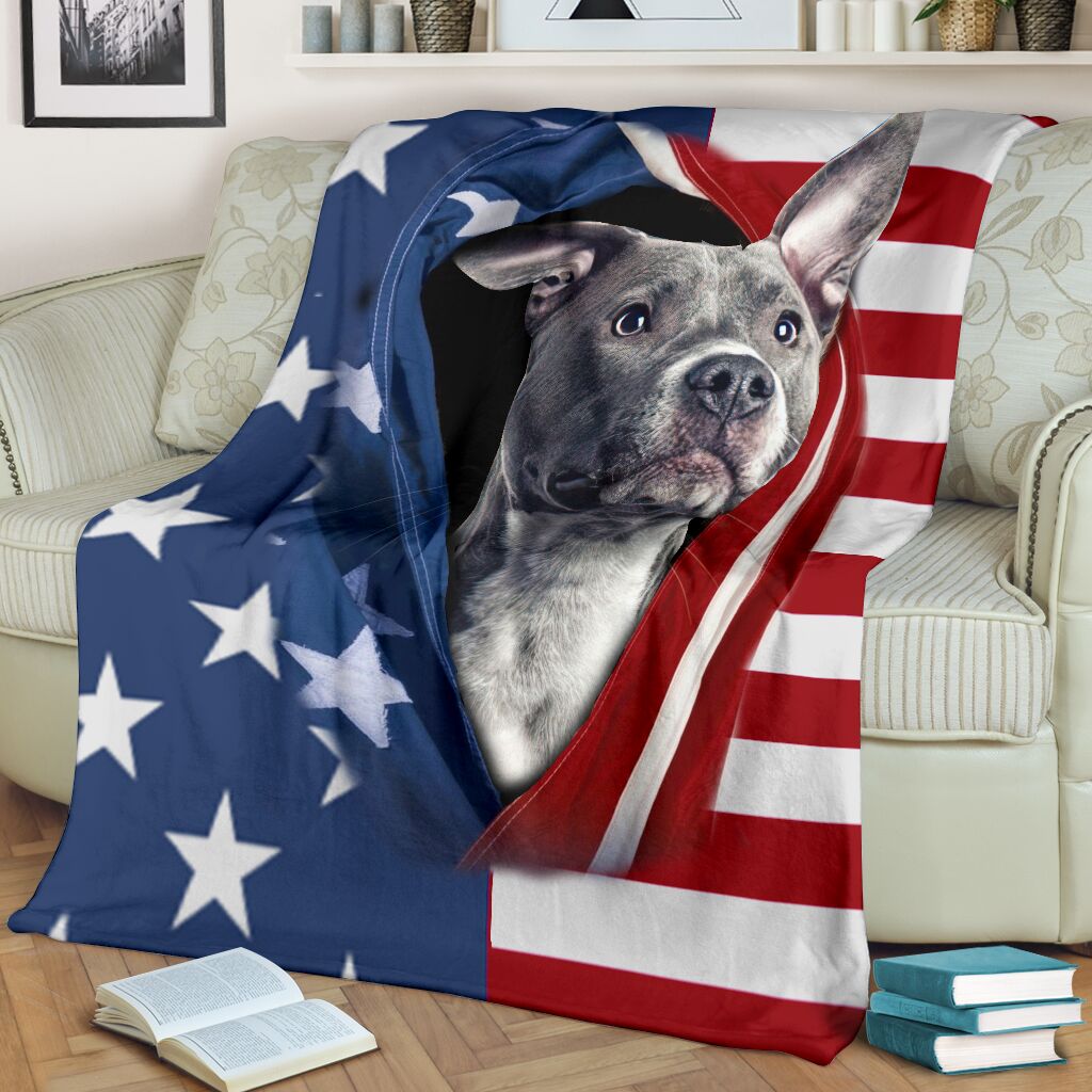 Pitbull Opened American Flag Independence Day - Flannel Blanket - Owls Matrix LTD