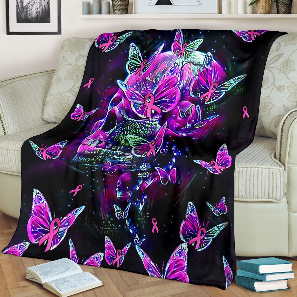 Breast Cancer Skull Awareness Butterfly Purple - Flannel Blanket - Owls Matrix LTD
