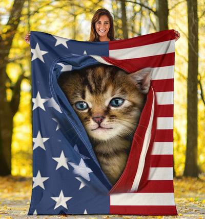 Cat Kitten Opened American Flag Independence Day Cat - Flannel Blanket - Owls Matrix LTD