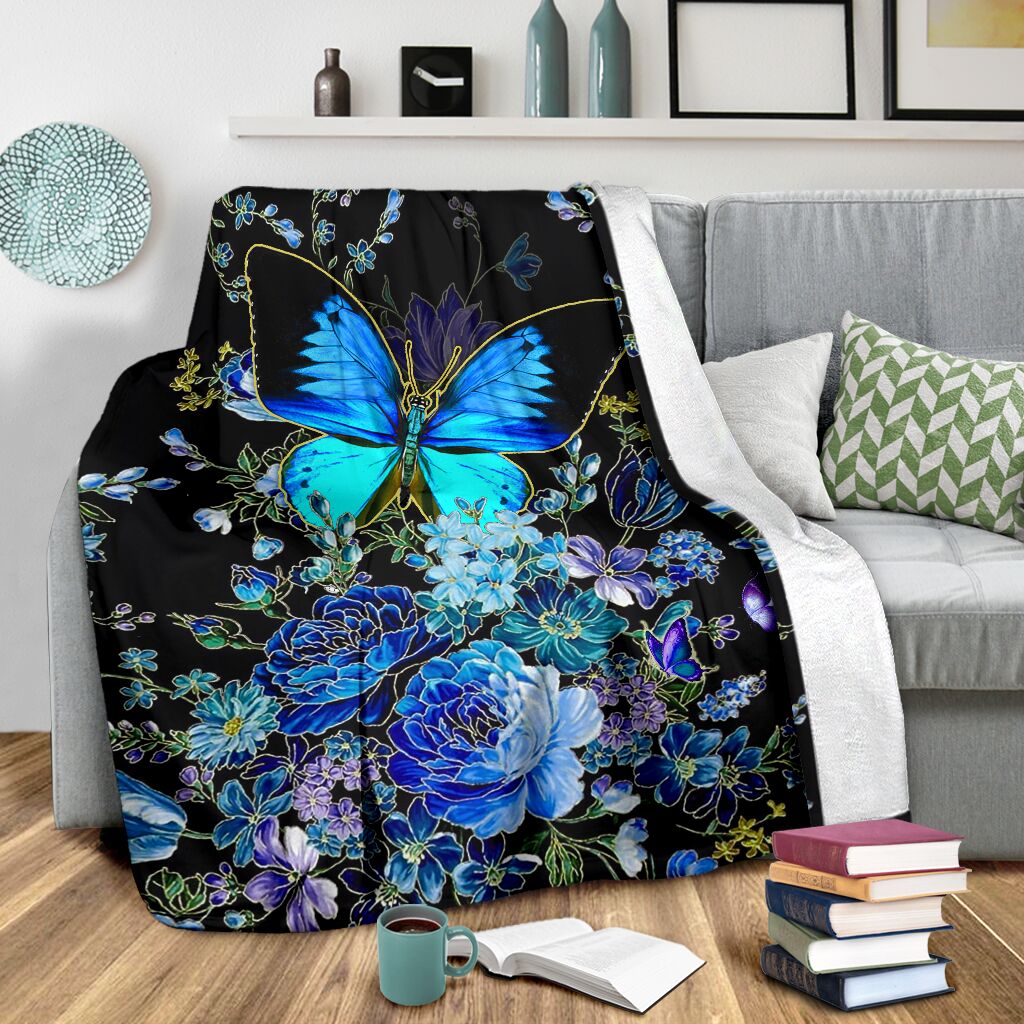 Butterfly With Blue Flowers Butterfly - Flannel Blanket - Owls Matrix LTD
