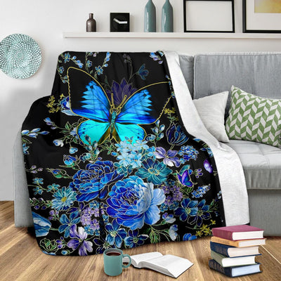 Butterfly With Blue Flowers Butterfly Style - Flannel Blanket - Owls Matrix LTD
