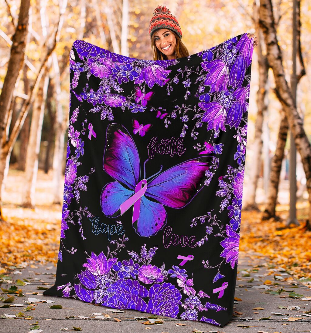 Fibromyalgia Awareness Butterfly Faith Hope Love - Flannel Blanket - Owls Matrix LTD