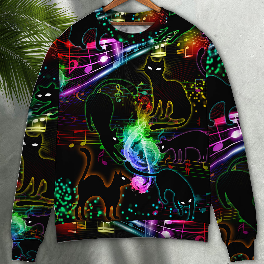 Black Cat The Magical Light Cats On Music Notes - Sweater - Ugly Christmas Sweaters - Owls Matrix LTD