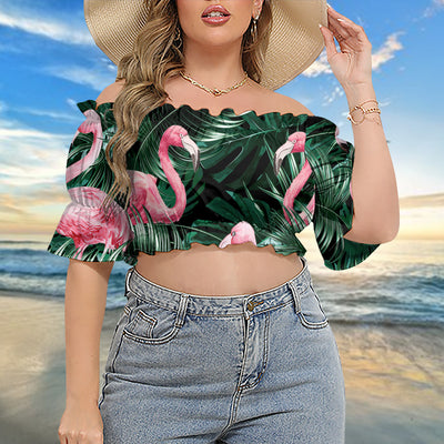 Flamingo Love Life Style - Cropped Top With Short Puff Sleeve