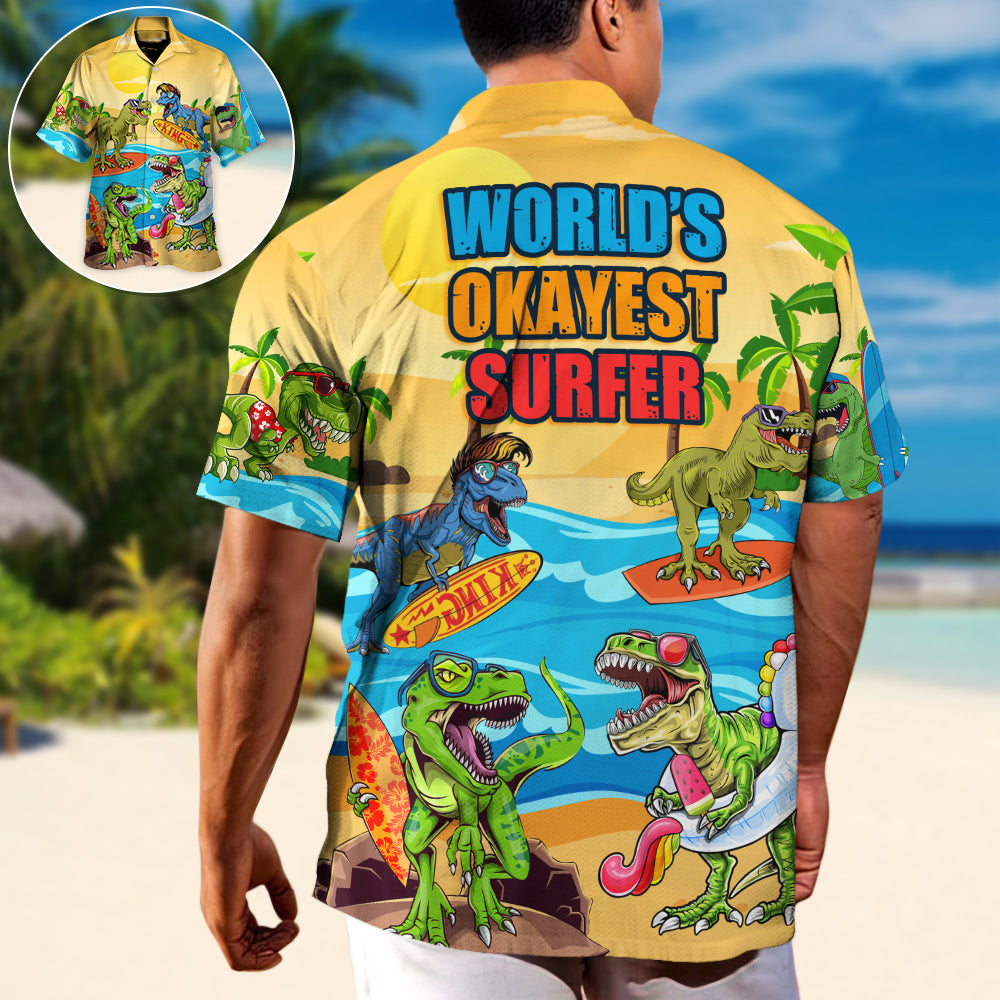 Surfing Funny Dinosaur World's Okayest Surfer Lovers Surfing - Hawaiian Shirt