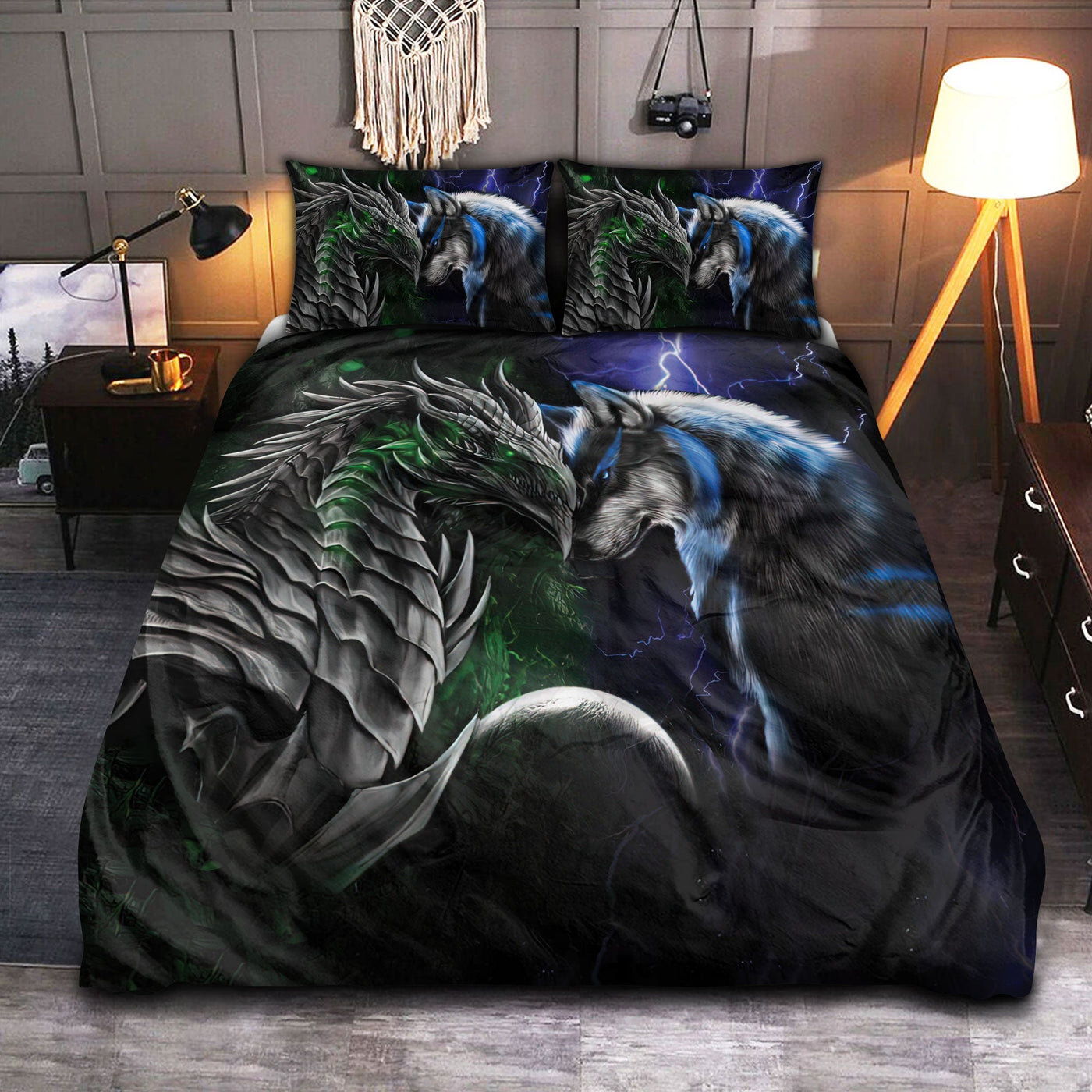 Dragon And Wolf Green And Blue Fighting - Bedding Cover - Owls Matrix LTD