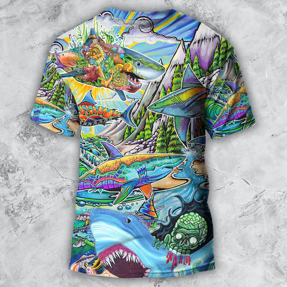 Shark Hippie Colorful Art Peace - Round Neck T-shirt - Owls Matrix LTD