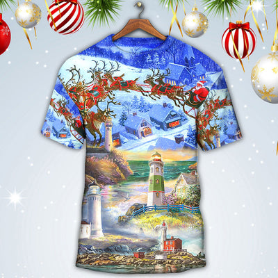 Lighthouse Christmas Santa Through The Storm - Round Neck T-shirt - Owls Matrix LTD