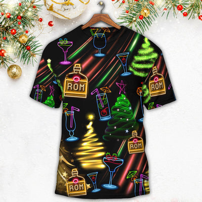 Wine Rum Christmas Neon Art Drinking - Round Neck T-shirt - Owls Matrix LTD