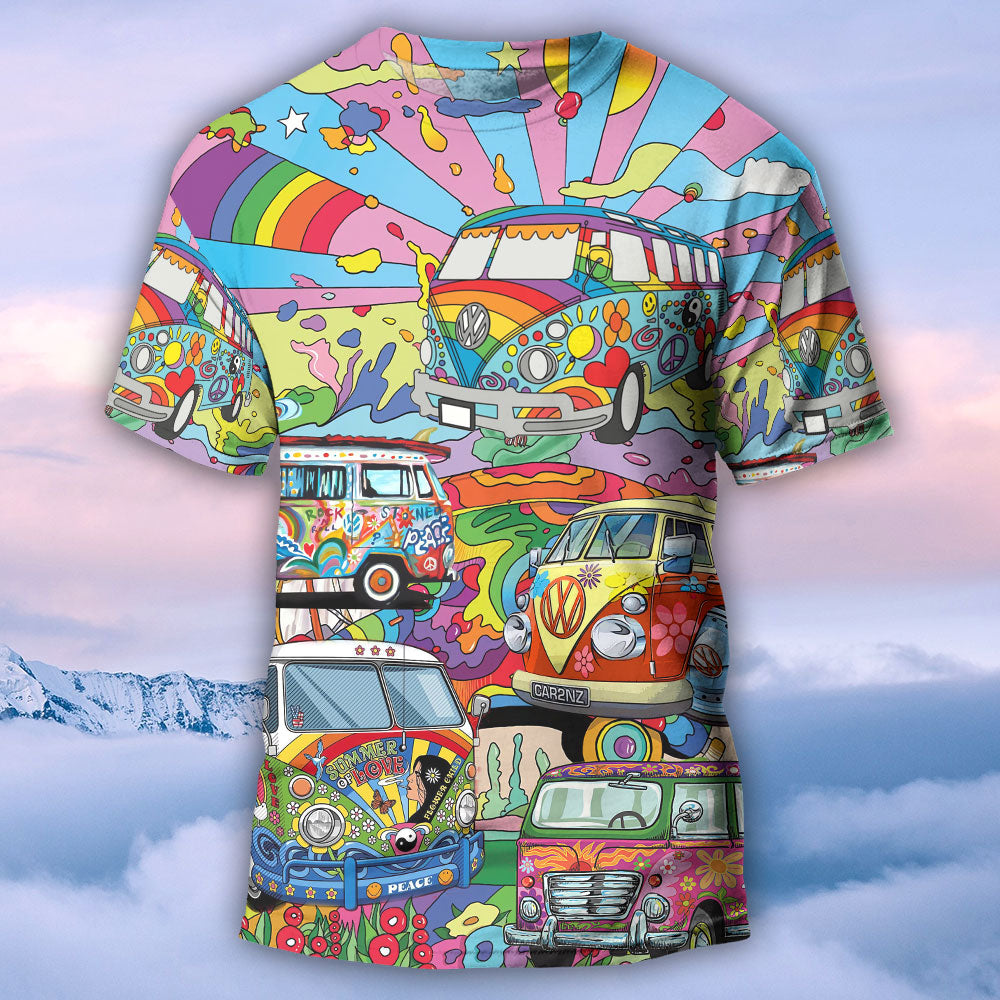 Hippie Van Colorful Art Peace - Round Neck T-shirt - Owls Matrix LTD