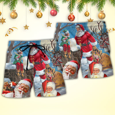 Christmas Funny Santa Claus Elf Xmas Is Coming Blue Sky Art Style - Beach Short - Owls Matrix LTD