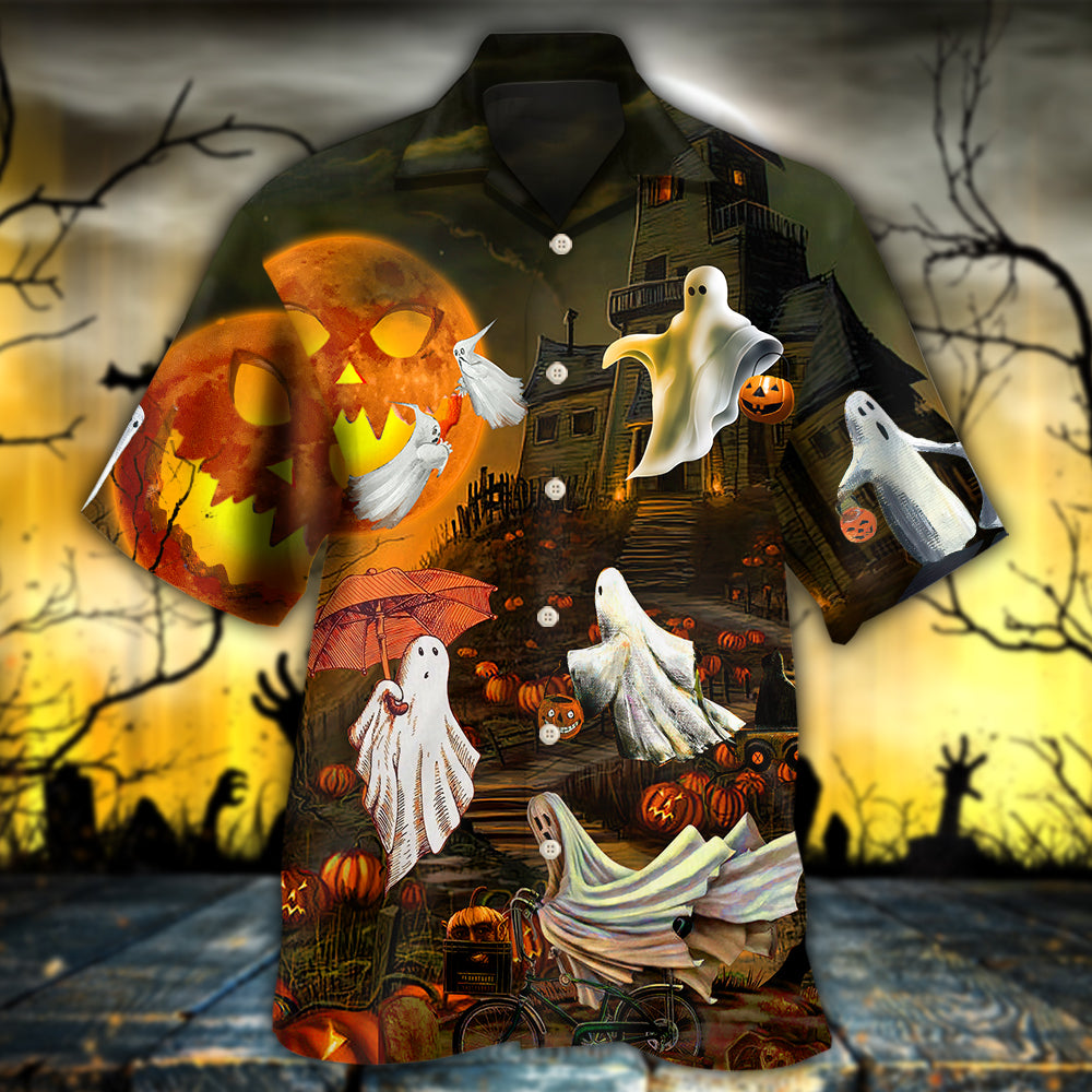 Halloween Ghost Cute With Moon - Hawaiian Shirt - Owls Matrix LTD