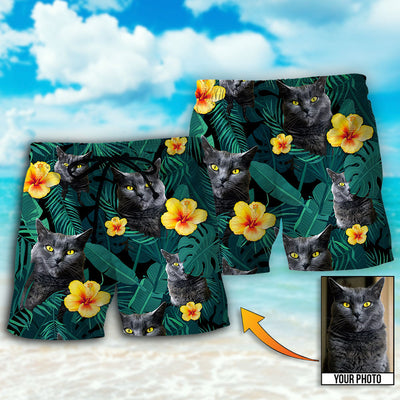 Black Cat Green Tropical Custom Photo - Beach Short - Owls Matrix LTD