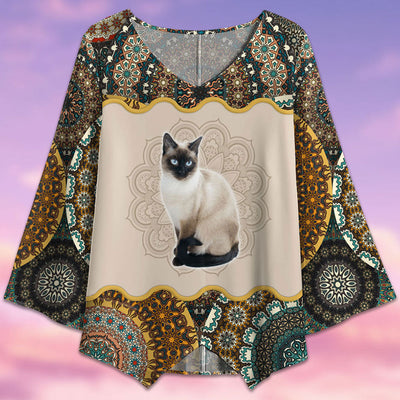 Cat Siamese Cat Mandala Art Style - V-neck T-shirt - Owls Matrix LTD