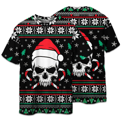 T-shirt / S Christmas Skull Wearing Santa Claus Hat And Sweat Candy - Pajamas Short Sleeve - Owls Matrix LTD