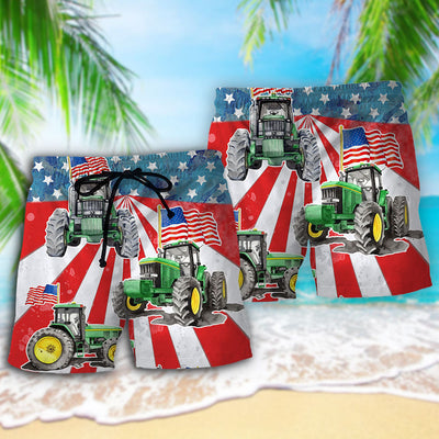 Tractor Independence Day Watercolor Tractor US Flag - Beach Short - Owls Matrix LTD