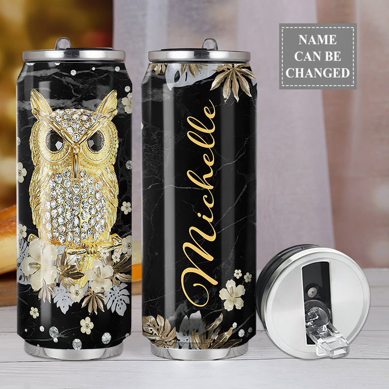 M Owl Jewelry Gold Flower Personalized - Soda Can Tumbler - Owls Matrix LTD