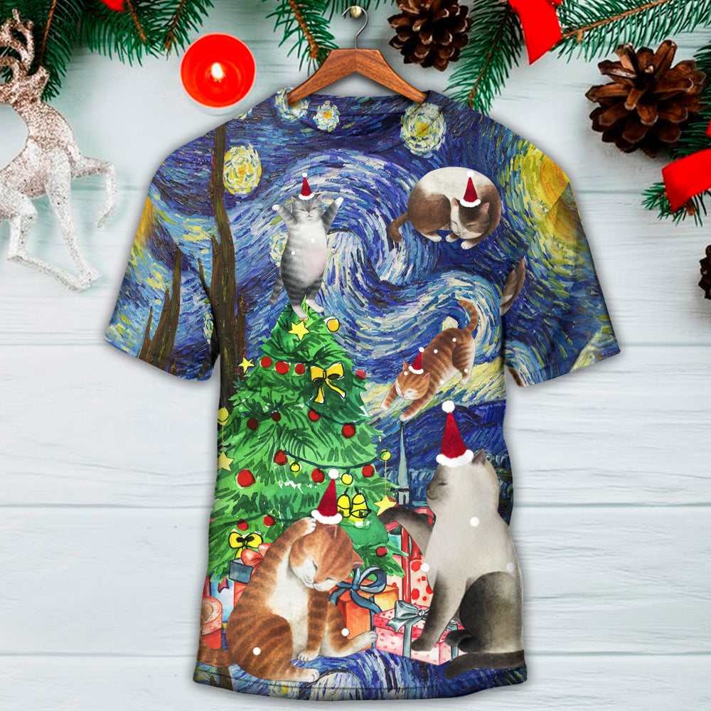 Christmas Cat Playing In Starry Night - Round Neck T-shirt - Owls Matrix LTD