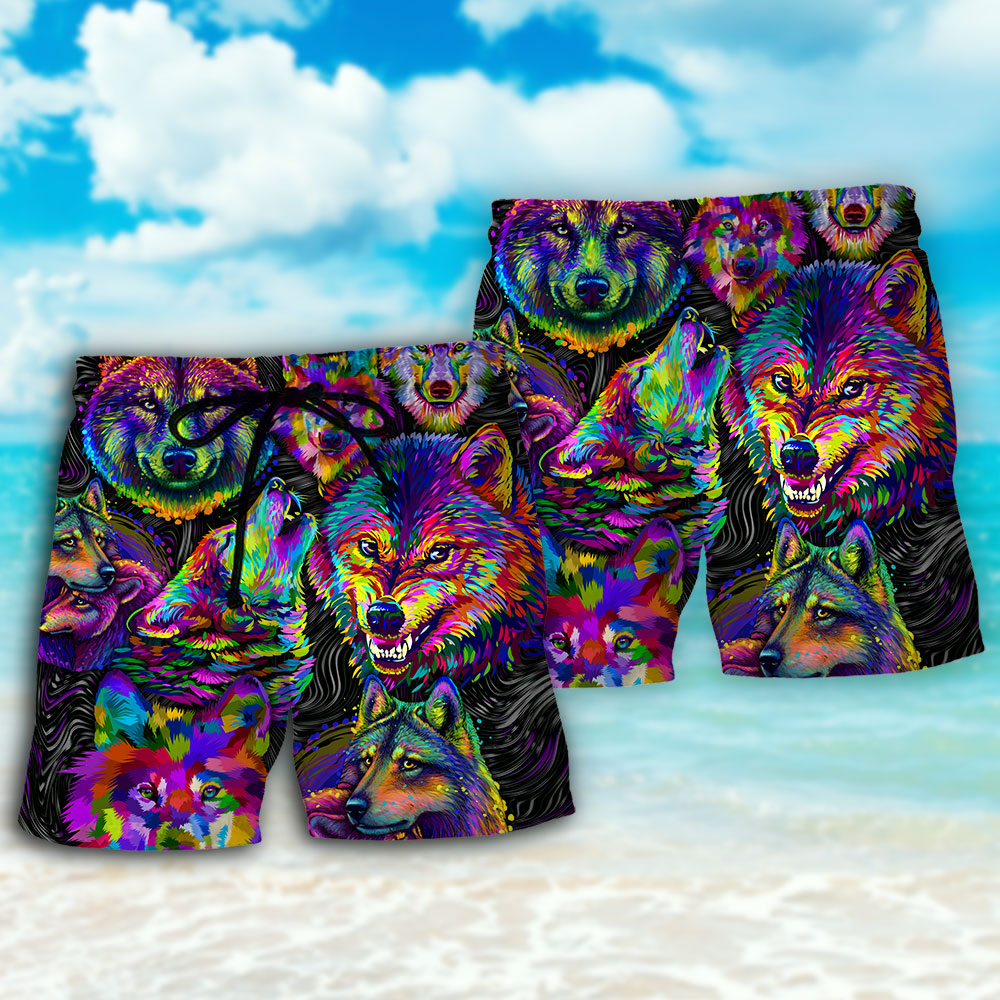 Wolf Neon Colorful Art - Beach Short - Owls Matrix LTD