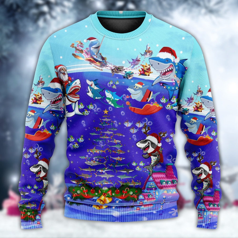 Christmas Santa Shark Sits On Rockets And Brings Gifts To Ocean - Sweater - Ugly Christmas Sweaters - Owls Matrix LTD