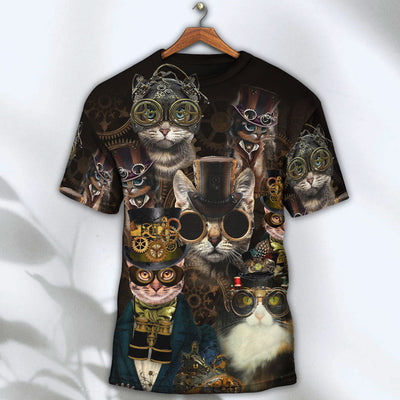 Cat Steampunk Art Machines Lover - Round Neck T-shirt - Owls Matrix LTD