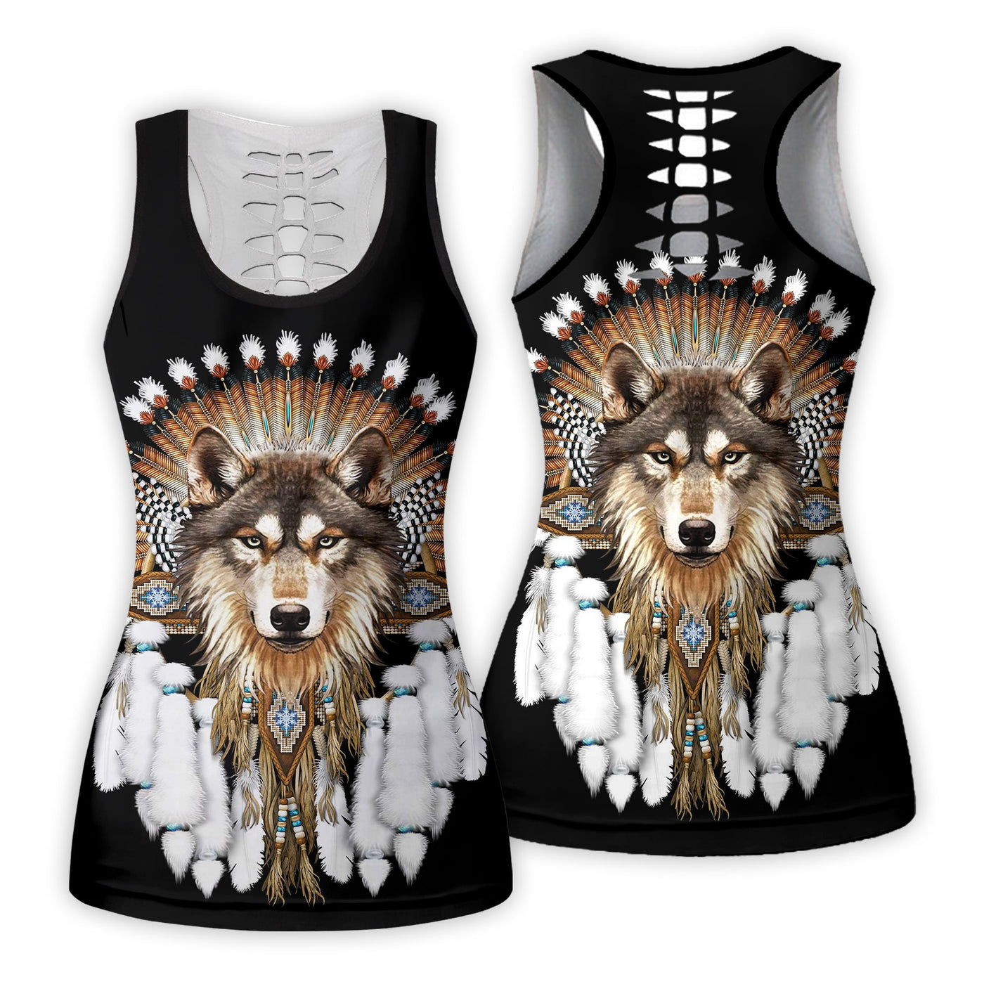 Native American Wolf Black Style - Tank Top Hollow - Owls Matrix LTD
