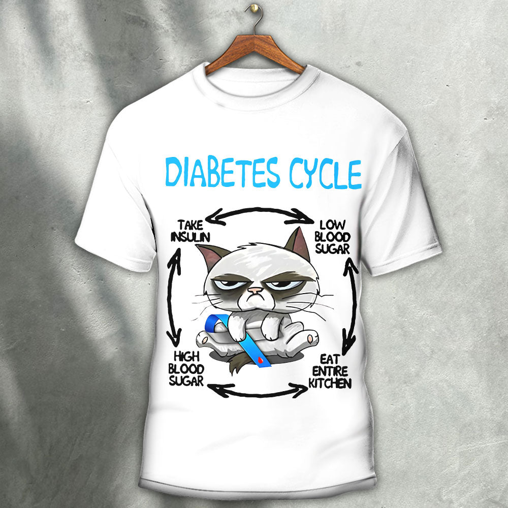 Cat Diabetes Cycle Funny - Round Neck T- shirt - Owls Matrix LTD