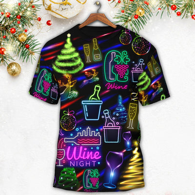 Wine Christmas Neon Art Drinking - Round Neck T-shirt - Owls Matrix LTD