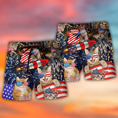 Cat Independence Day Happy Firework - Beach Short - Owls Matrix LTD