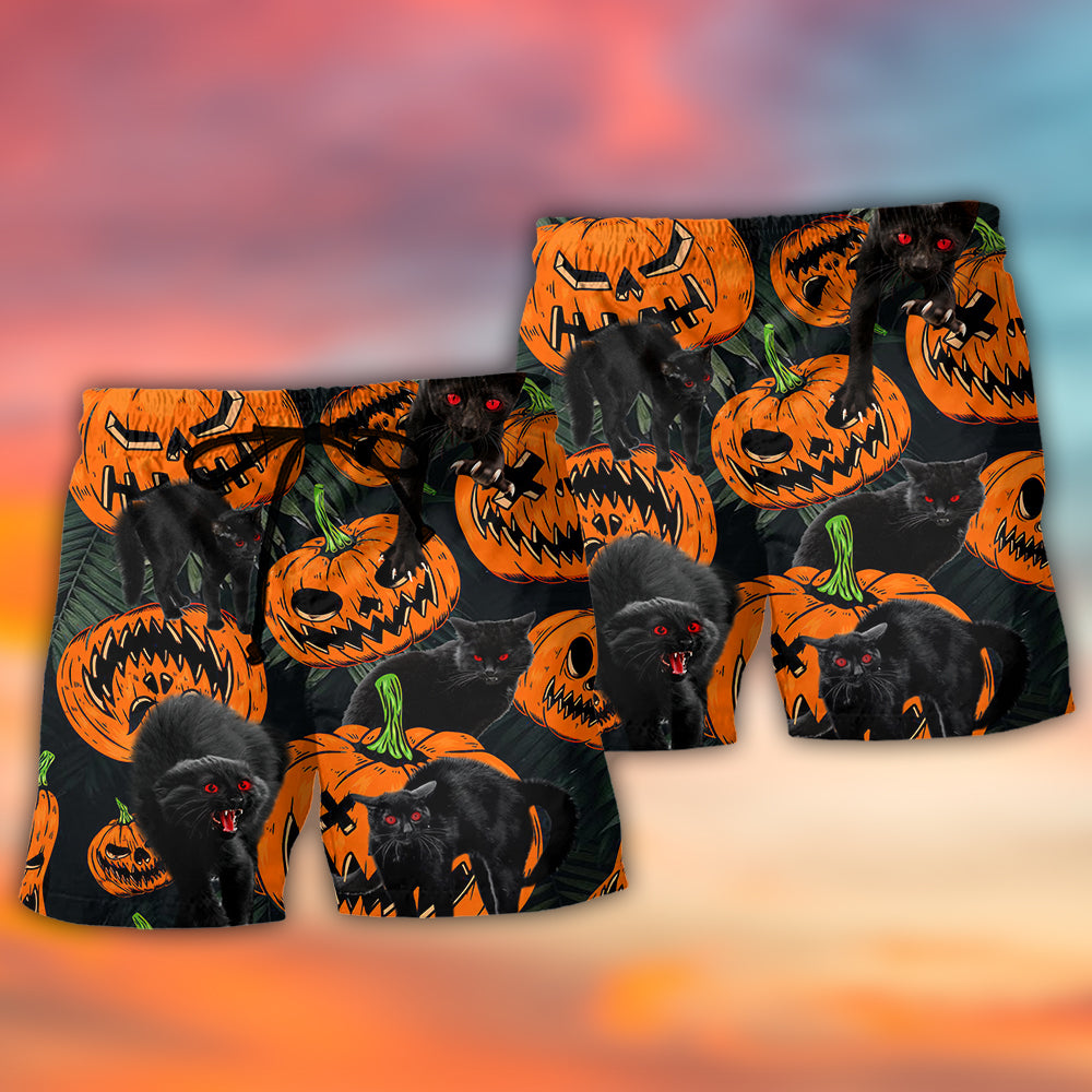 Halloween Black Cat Pumpkin Scary Tropical - Beach Short - Owls Matrix LTD