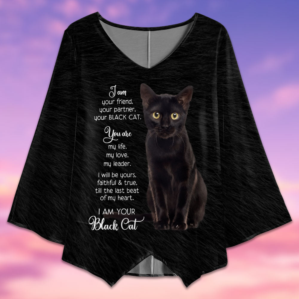 Black Cat I Am Your Friend - V-neck T-shirt - Owls Matrix LTD