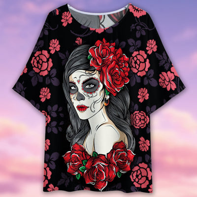 Sugar Skull Flower Style - Women's T-shirt With Bat Sleeve - Owls Matrix LTD