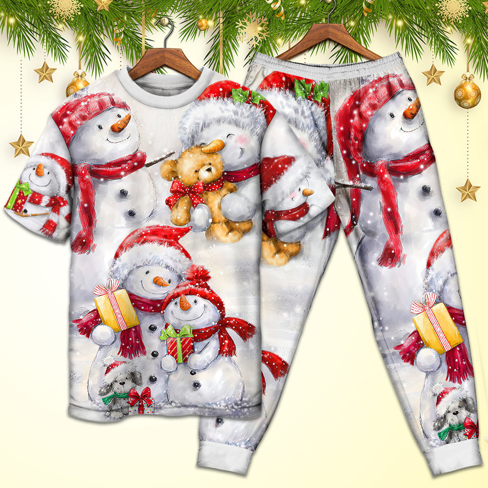Christmas Snowman In Love So Happy Xmas Painting Style - Pajamas Short Sleeve - Owls Matrix LTD