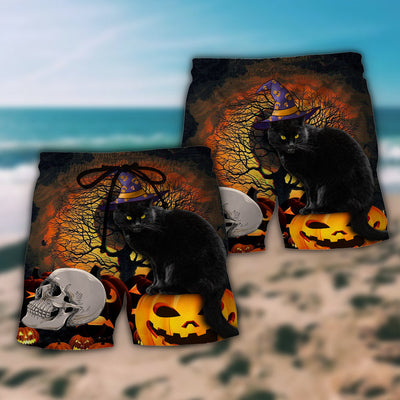 Halloween Black Cat Scary Pumpkin - Beach Short - Owls Matrix LTD