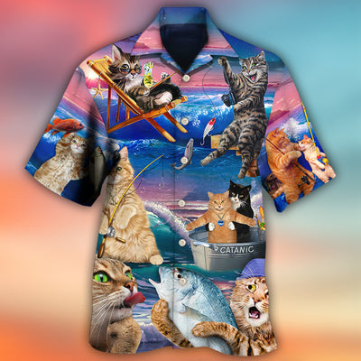 Fishing Cat Cute Beach Art Style - Hawaiian Shirt - Owls Matrix LTD