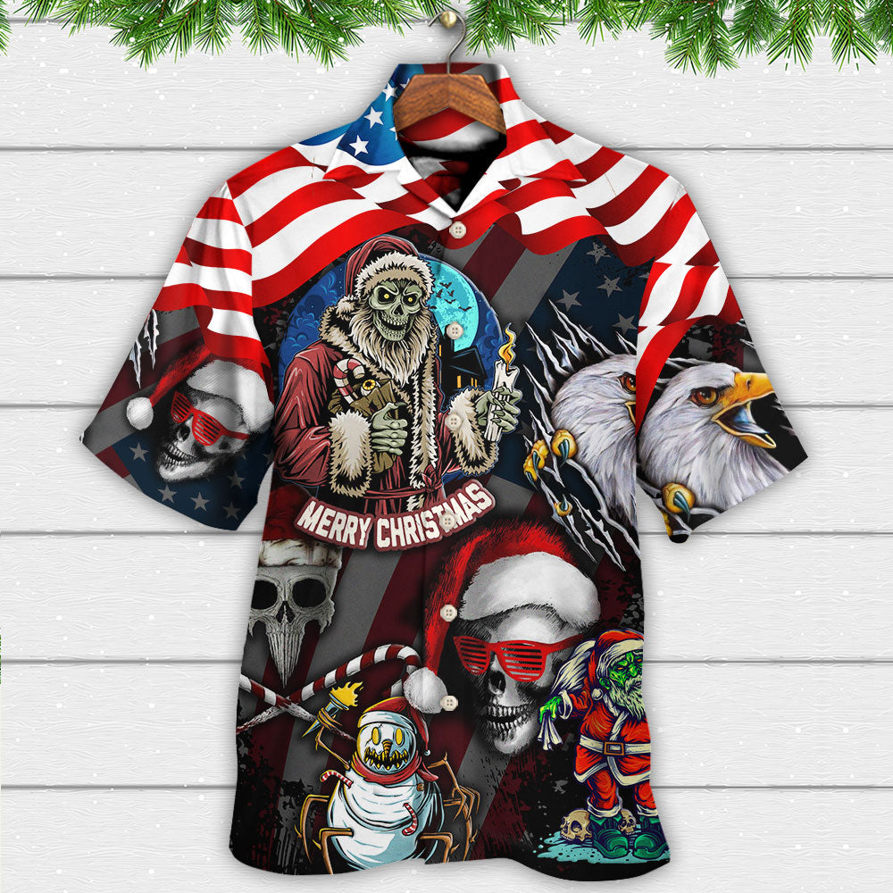 Skull Christmas US Flag Skeleton And Eagle Xmas Vibe - Hawaiian Shirt - Owls Matrix LTD