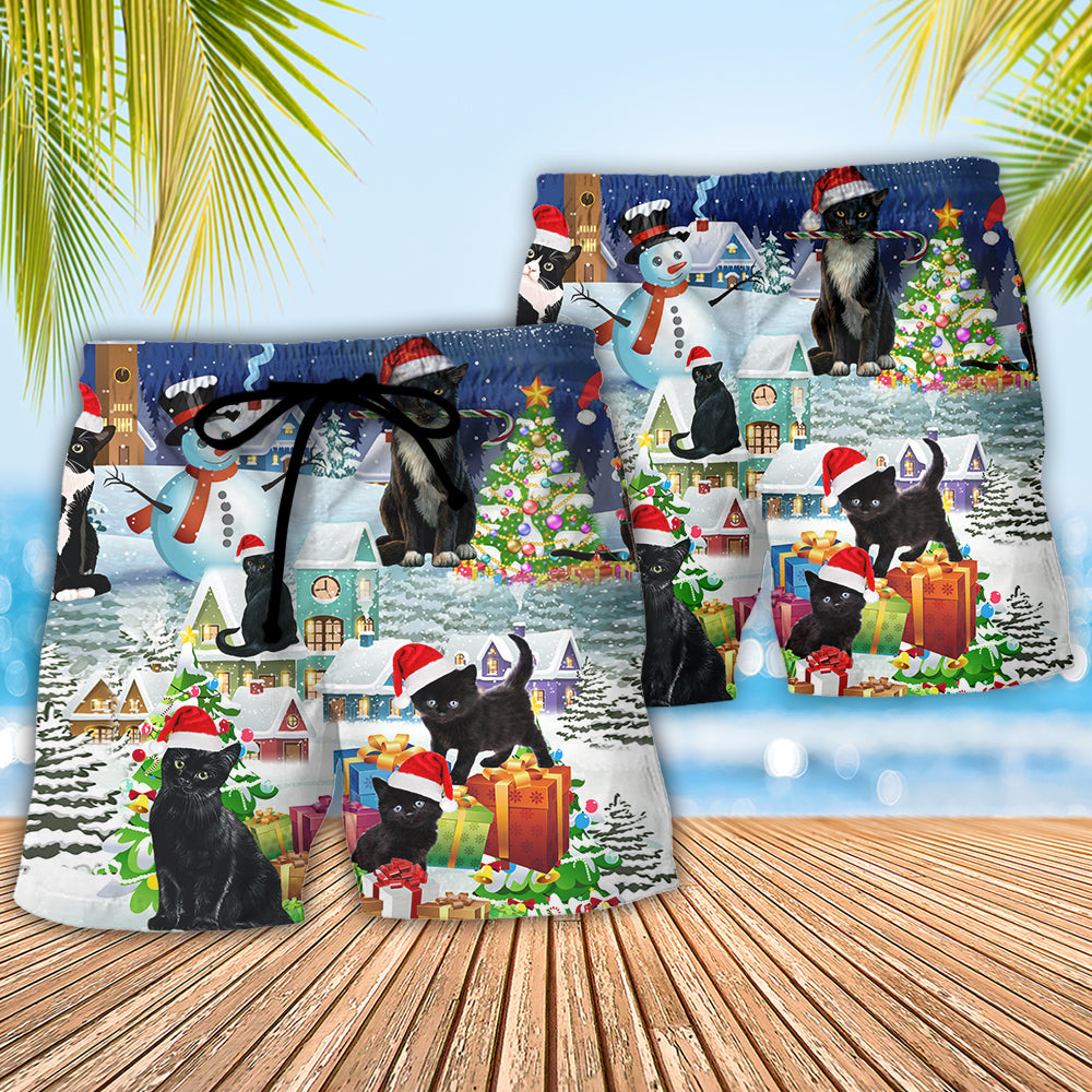 Black Cat Merry Catmas - Beach Short - Owls Matrix LTD