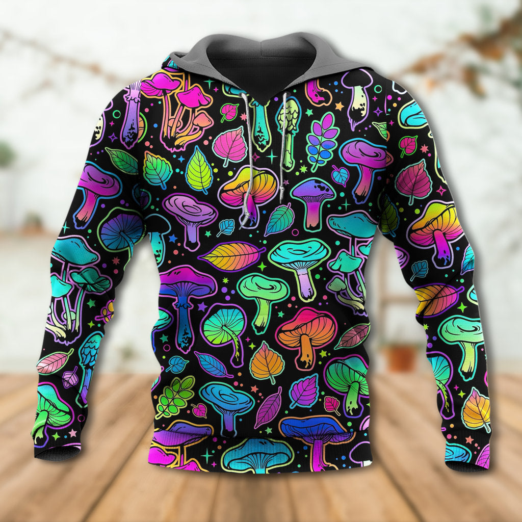 Mushroom Neon Colorful Bright With Leaf - Hoodie - Owls Matrix LTD