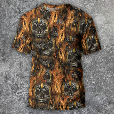 Skull Bullet Head Shot Fire - Round Neck T-shirt - Owls Matrix LTD